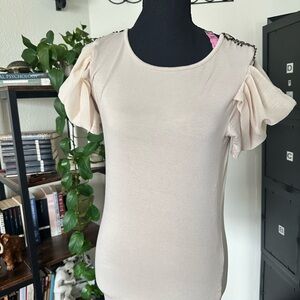 Elegant Cream Draped and Embellished  Sleeve Top with Ancient Greek Accents